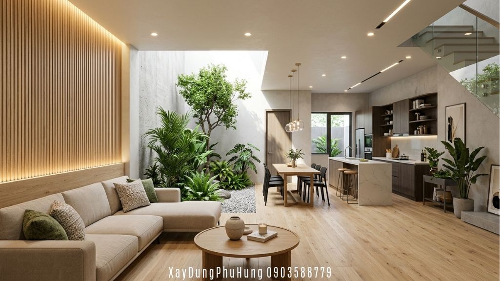Thiết kế nội thất phòng khách liên thông bếp nhà ống 2 tầng 1 tum đẹp hiện đại