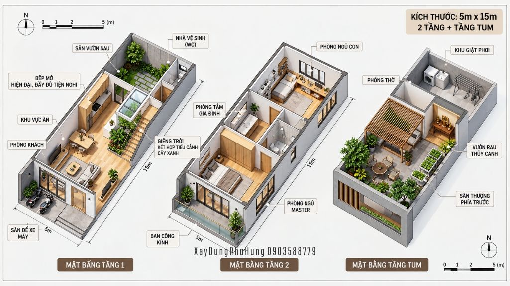 Bản vẽ mặt bằng bố trí công năng nhà ống 2 tầng 1 tum 5x15m có 3 phòng ngủ